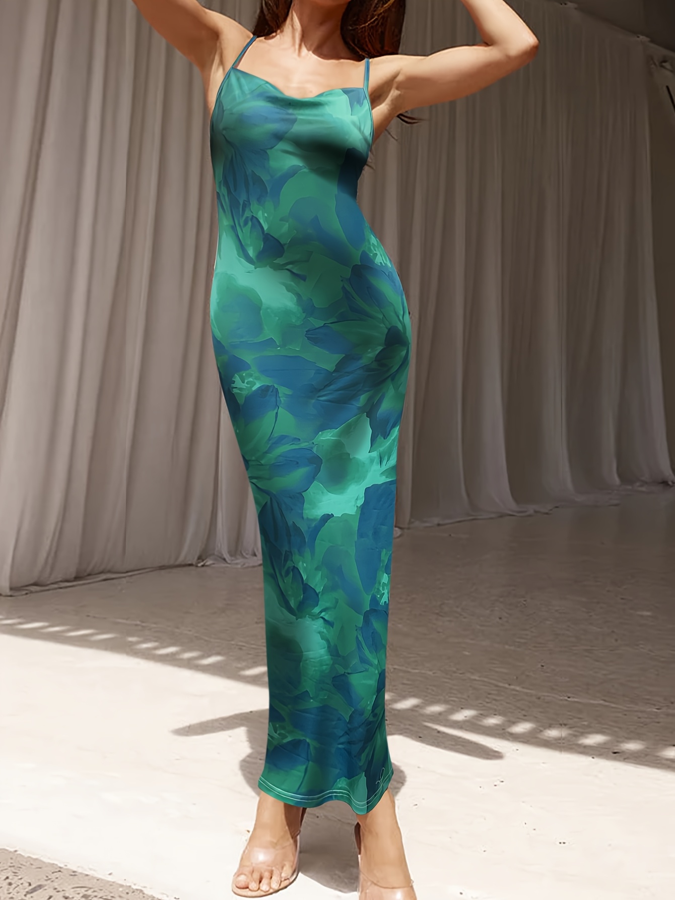 elegant tie dye print spaghetti strap maxi dress sleeveless Temu