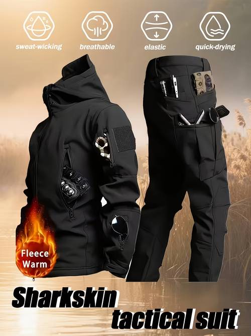 mens winter softshell jacket and cargo pant set windproof tear resistant hooded zippered multi pockets for hiking snowy weather outdoor hooded jacket zip jacket