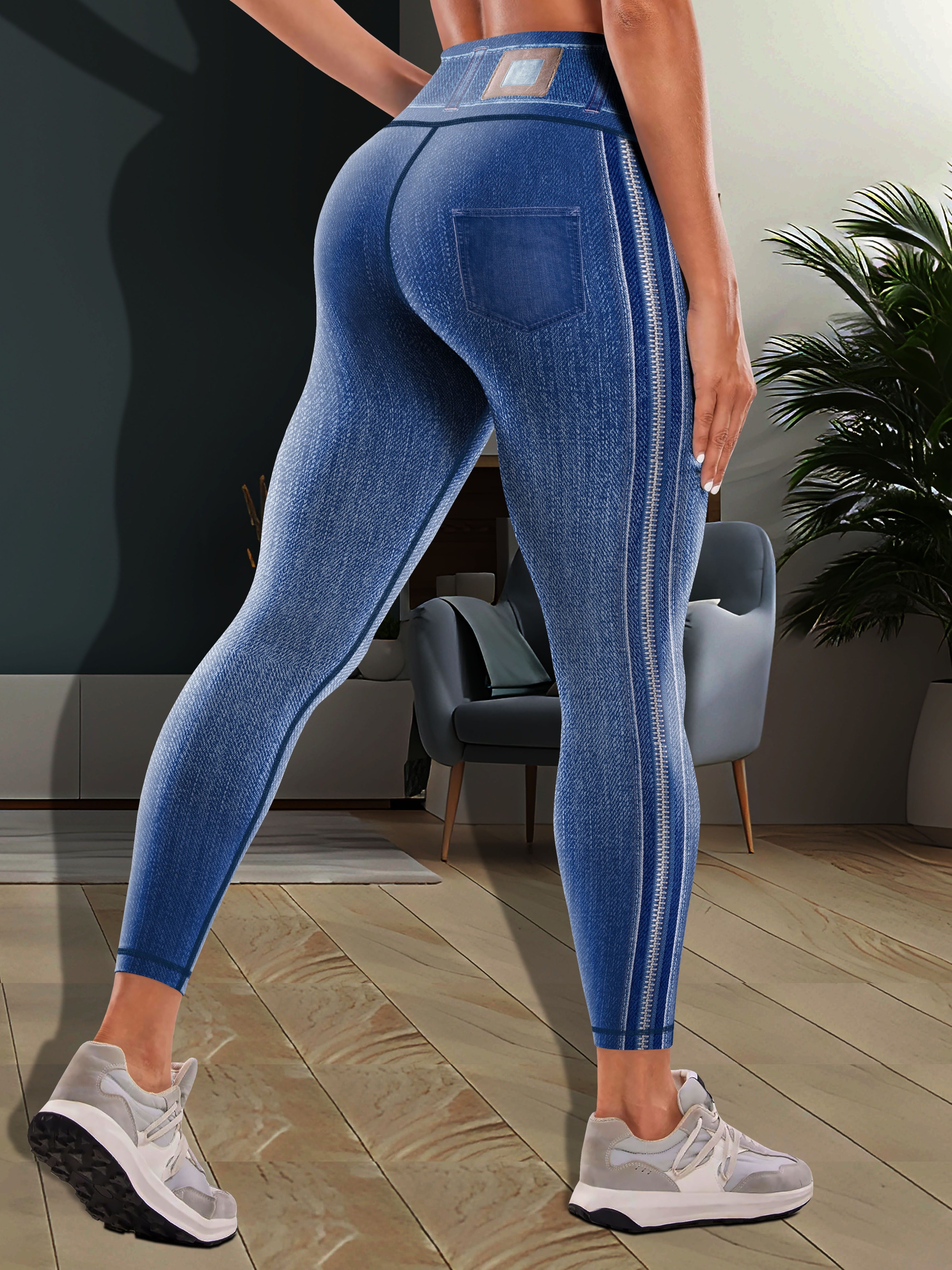 Compra online de Mulheres sem costura falso denim jeans leggings senhoras  cintura alta esporte yoga calças pantalones de mujer