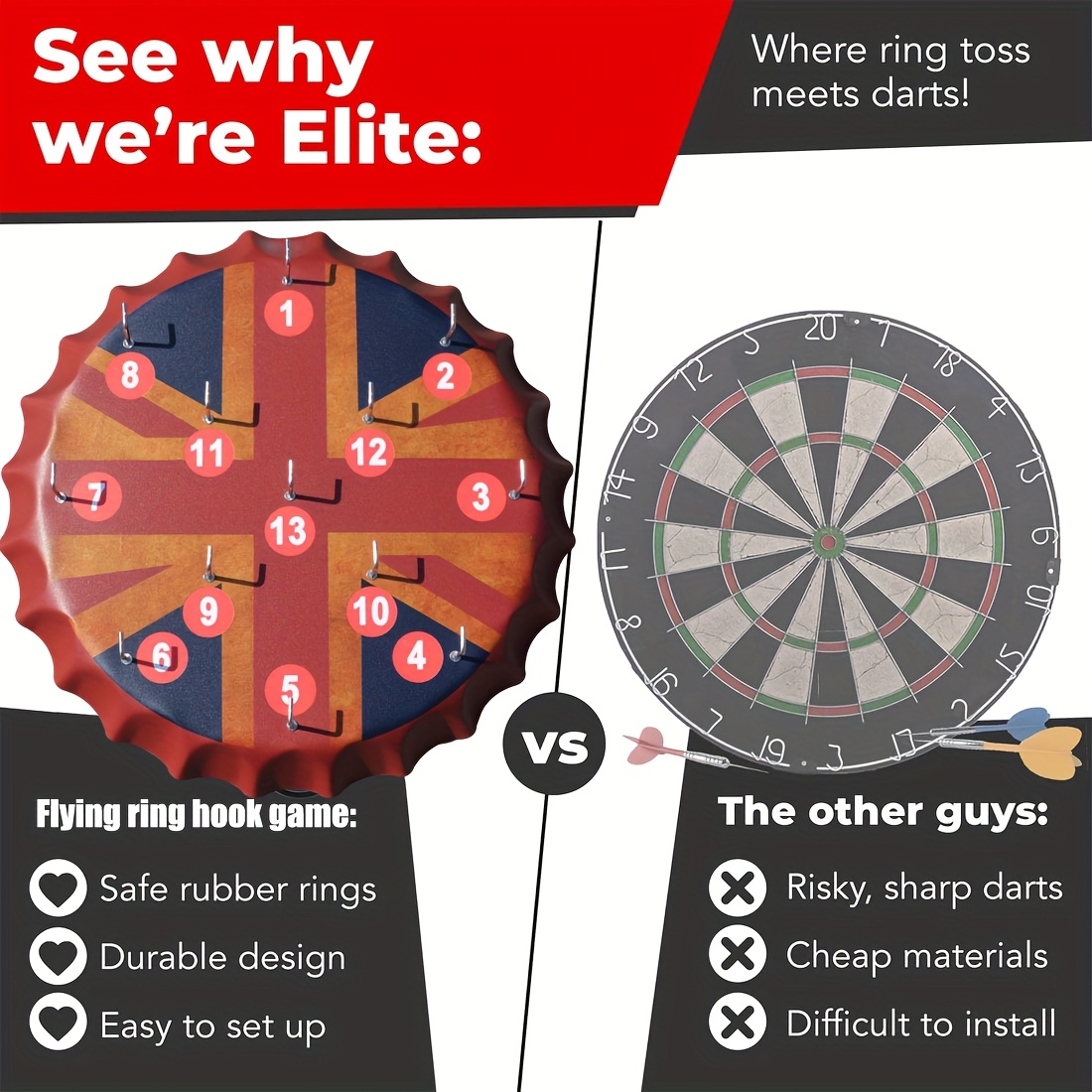 Ringer Darts Toss Game - Indoor Outdoor Hook Ring Toss Set, Hook Ring Toss Game - Yard Hooky Ring Tossing Games - Hookie Wall Game Indoor & Outdoor Family Fun - Home, Party, Office, Camping & Backyard Games.