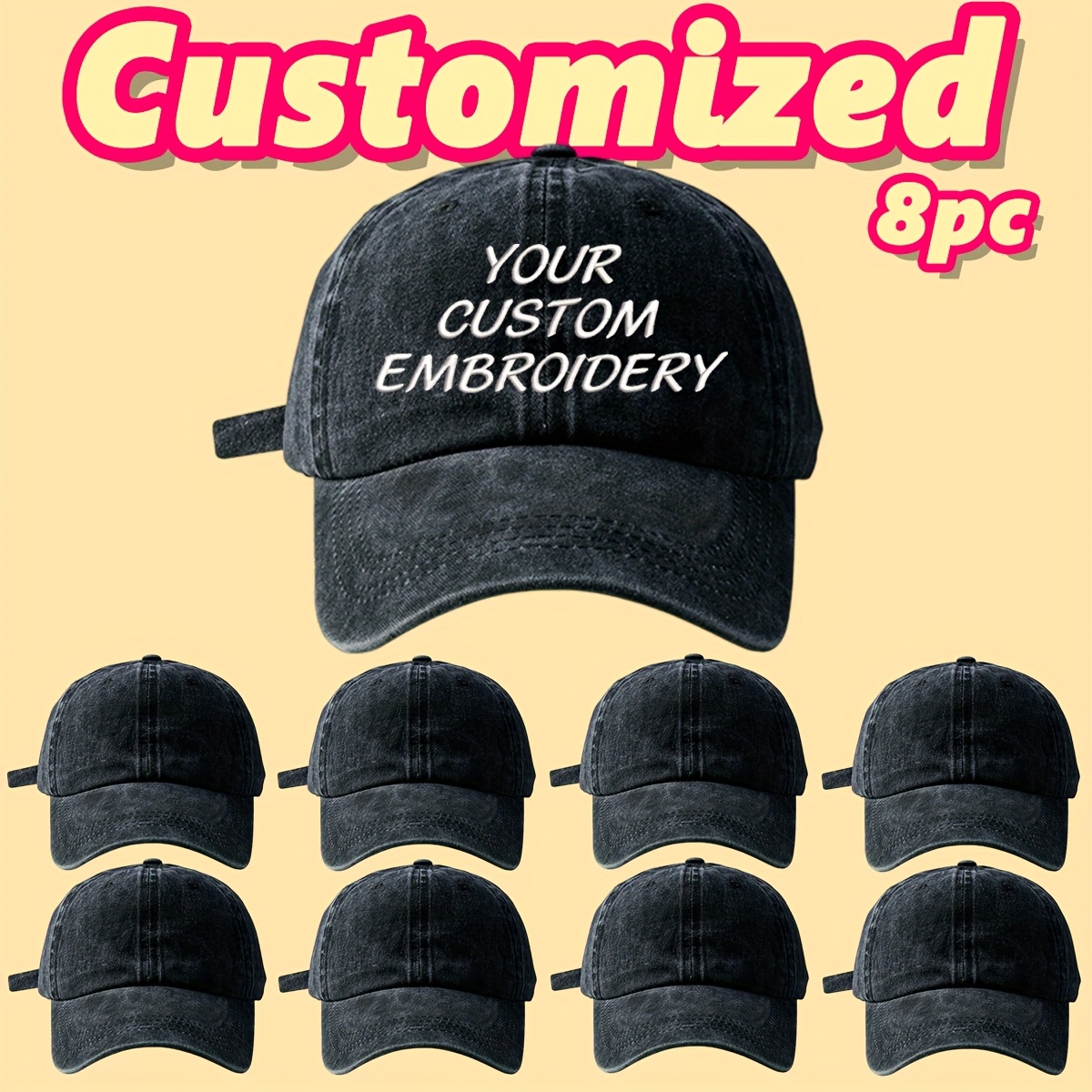8pcs Customizable Women's Baseball Caps with Embroidered Text