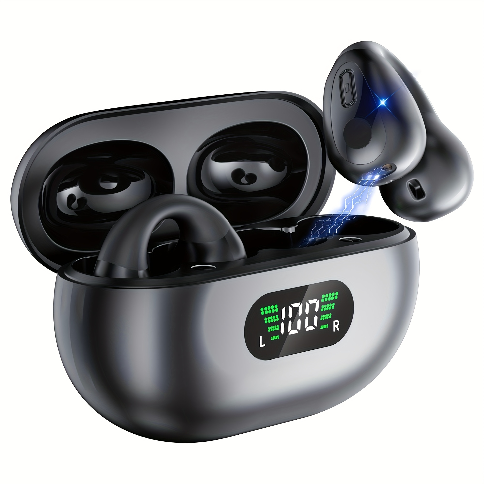 TEMU Open Ear Clip Headphones, Wireless 5.3 Headset With Built-in Microphone And Charging Box Led Display Sports Headphones Long Standby Gaming Time