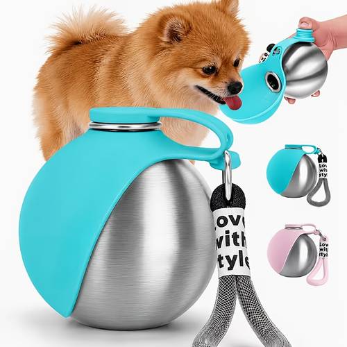 item picture 2 in 1 stainless steel cat and dog water bottle portable leak proof pet drinking bowl with lanyard 285ml 9 6oz travel water dispenser suitable for outdoor hiking and camping for cats and dogs