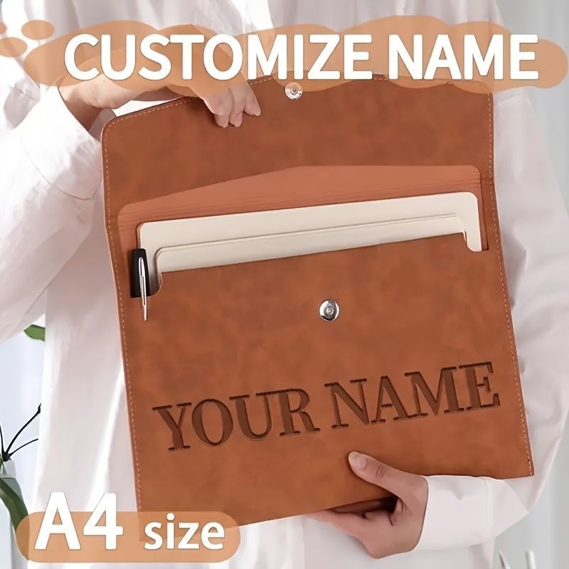 TEMU Personalized A4 Folder - Custom Engraved Name, Magnetic Closure, Waterproof, Large Capacity File Organizer, Suitable For Office Or School Use,