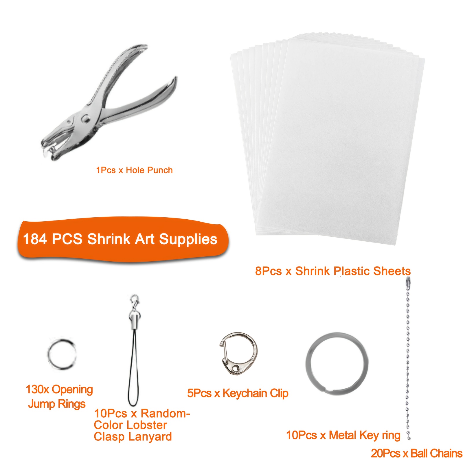 E-shop 184 Stück/188 Stück/192 Stück/196 Stück/200 Stück Schrumpffolien-Set, Schrumpfpapier-Schlüsselanhänger-Set mit 176