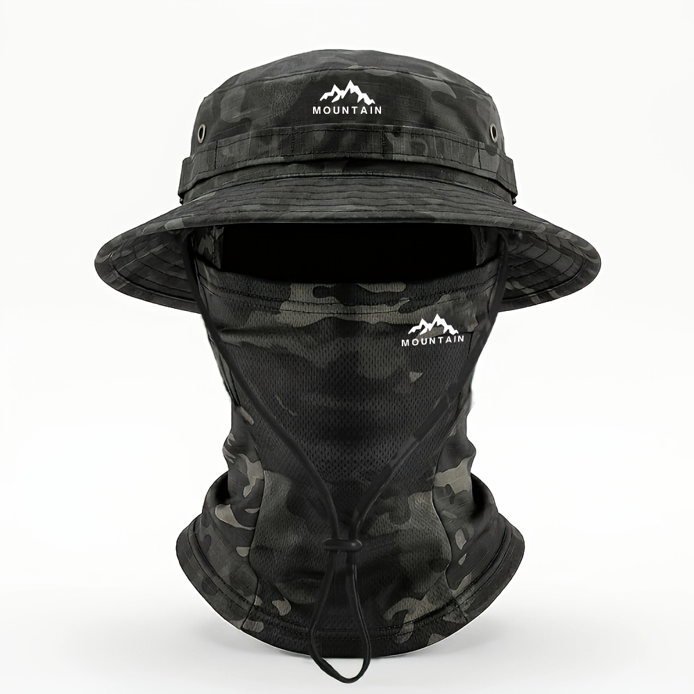 Image of 2pcs Spring Summer Unisex Lanyard Fisherman Hat And Face Mask Set Fashion Trendy Lightweight Outdoor Quick-dry Sunshade Hat, 1pc Face Mask And 1pc Hat Combination Set