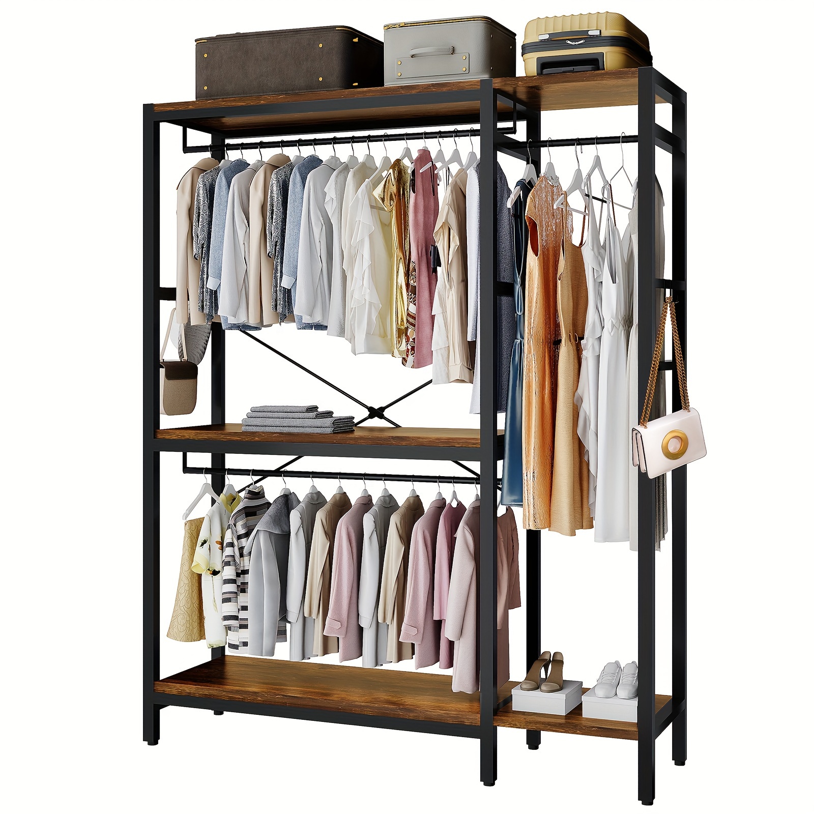 

Clothes Rack, Heavy Duty Garment Rack For Clothes, Clothing Racks With Shelves And 4 Side Hooks, Freestanding Metal Wooden Closet Organizer, Wardrobe Storage Rack, Brown