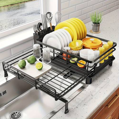 dish drying rack extendable dish rack large sink drying dish drainer for kitchen counter stainless steel dish strainer with utensil holder black