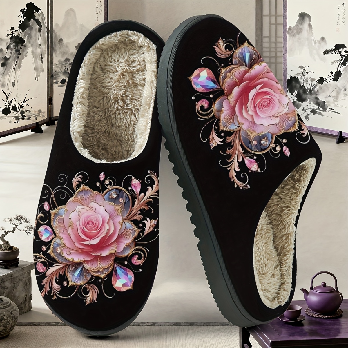 TEMU Dark Luxe Style Pink Rose Gemstone Embellished Yiju Slippers. In A Dark- Ambiance, Roses With Gemstones And Exquisite Patterns , A Soothing