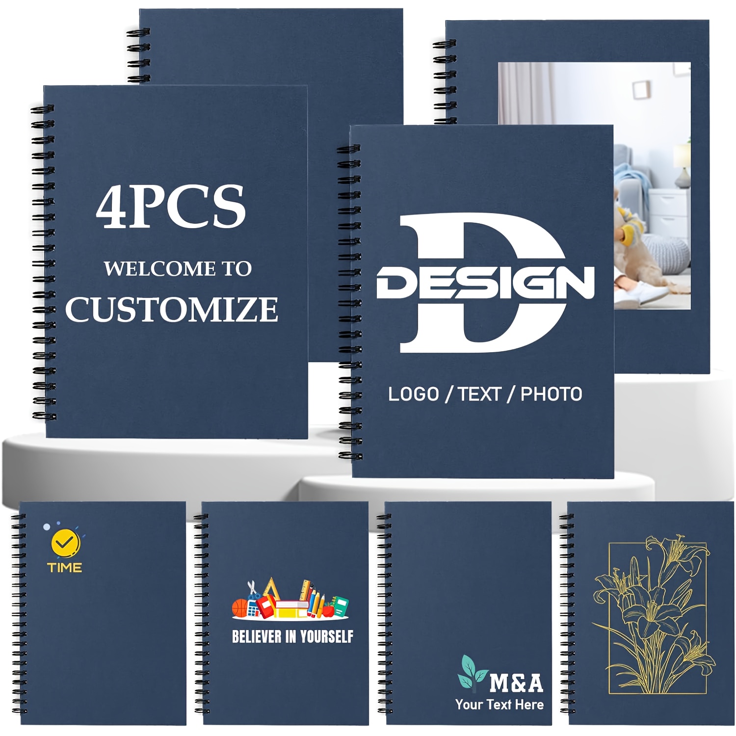 TEMU 4 carnets spirale personnalisés - Ajoutez vos propres photos/logos/textes, 120 pages, 8,4 x 5,8 pouces, cadeau personnalisable, idéal pour