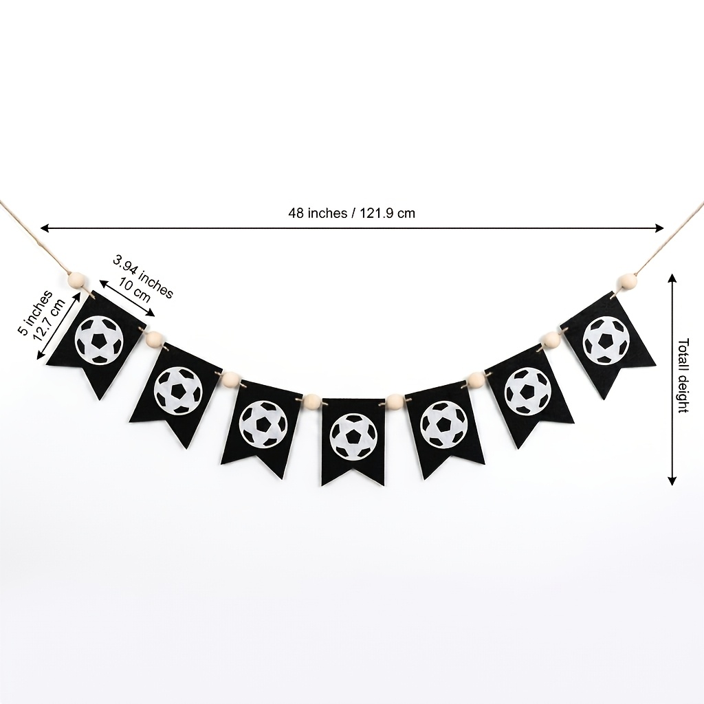 Image of Soccer Banners, Black And White Football Pennant Banner Garland With Wooden Beads, Sports Themed Party Decorations For Birthday, Game Day, Tailgate, Bedroom Wall Decor
