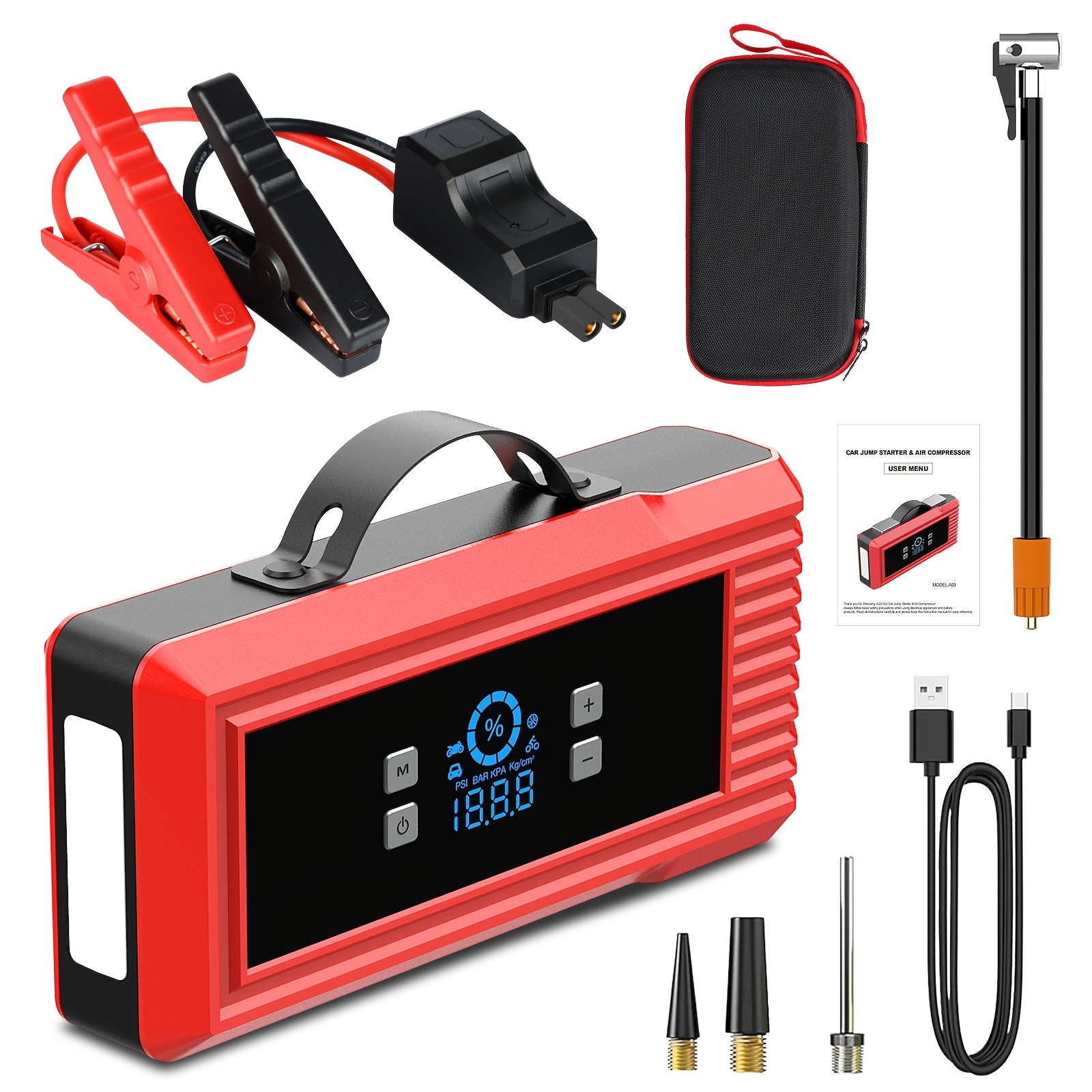 

5000a Portable Car Jump With Air Compressor, 150 Psi Tire Inflator 12v Car Battery Jump Power For Up To 9l Gas And 7.5l Diesel Engines With Led Light Jump Pack, Battery Charger