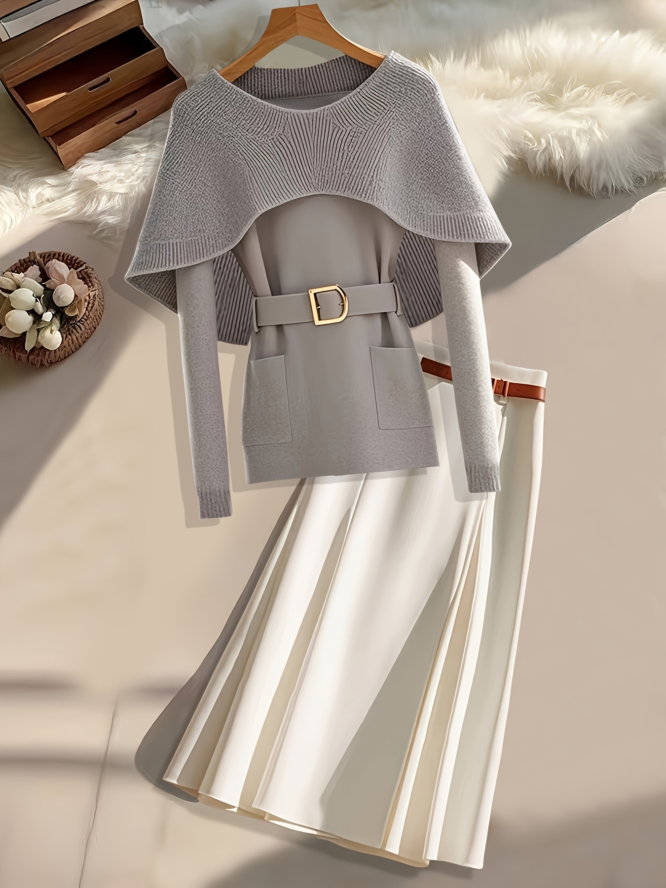 1pc Elegant Grey Knit Cardigan with Cape Shawl, Women'S Soft Polyester Crew Neck Long Sleeve Sweater with Belt, Unique Design Solid Color Pullover for Spring/Summer/Fall - 2024 New Arrival