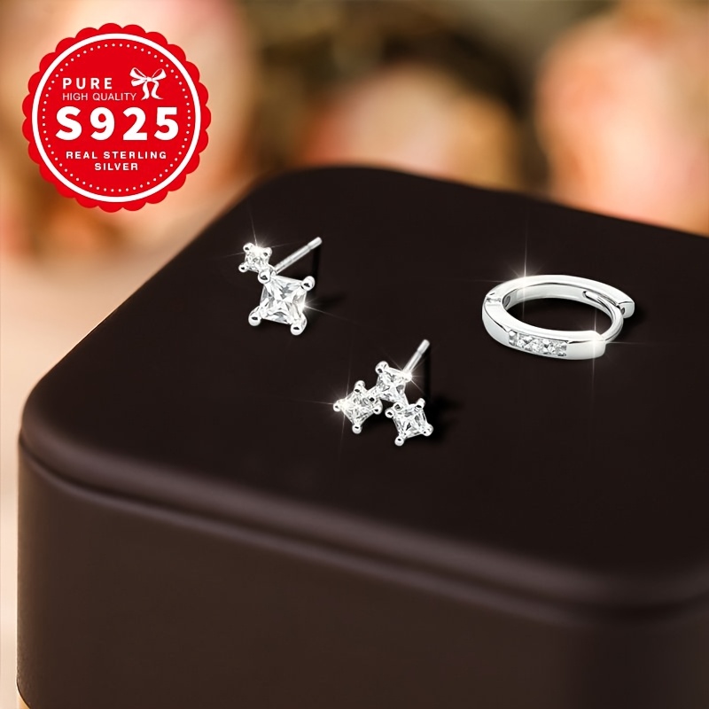 Ladies' S925 Silver Three-Piece Single-Sided Earrings, Trendy Design