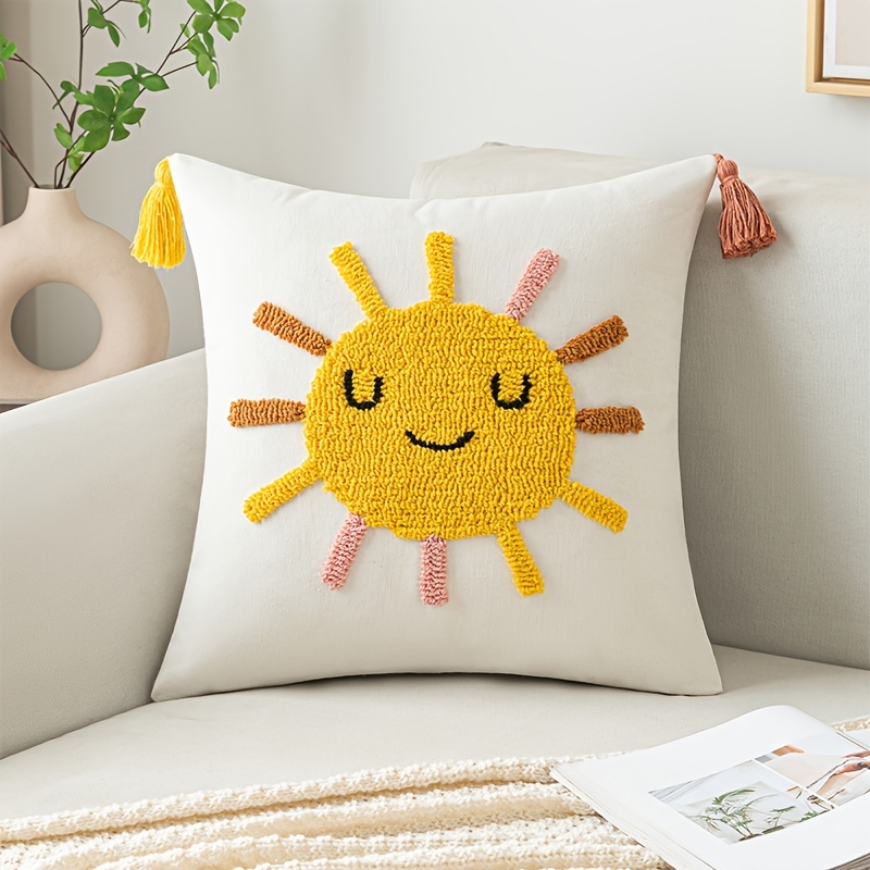 1pc Bohemian Tufted Pillow Cover, Cartoon , Geometric Pattern, Hand Wash Only, Zipper Closure, Woven Polyester, Decorative Cushion Case For Living Room - Pillow Insert Not Included