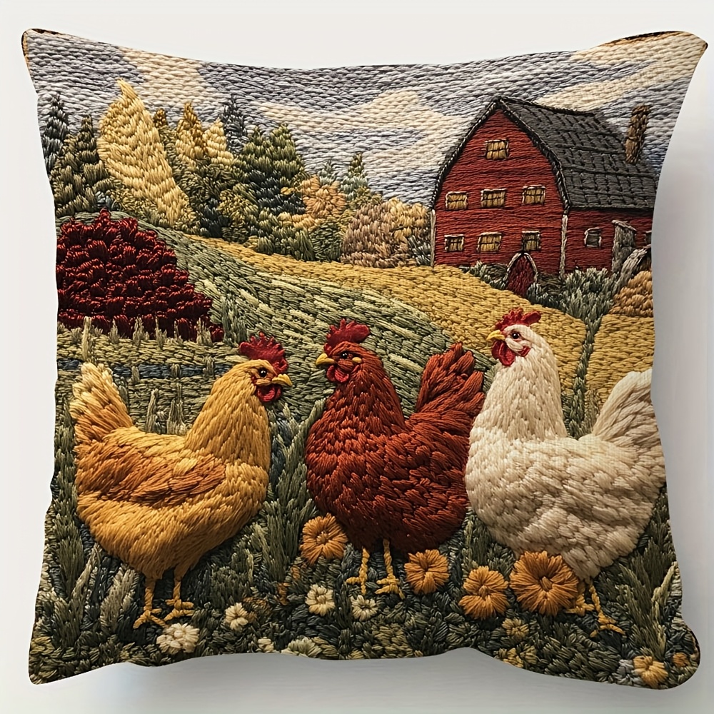 

1pc Syla1332 Contemporary Barnyard & Chickens Design 18x18 Inch Super Soft Short Plush Throw Pillow, Double-sided Embroidery , Hand Washable Polyester Decorative With Zipper For Room Types - No Insert