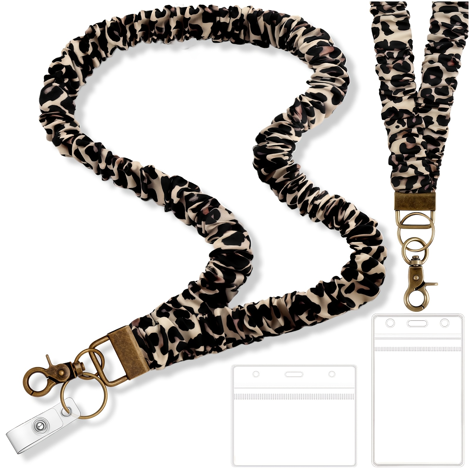 Image of Scrunchie Lanyard For Id Badge & Keys, Leopard Print Neck Stretchy Teacher Nurse Lanyards Holder For Women Ladies.