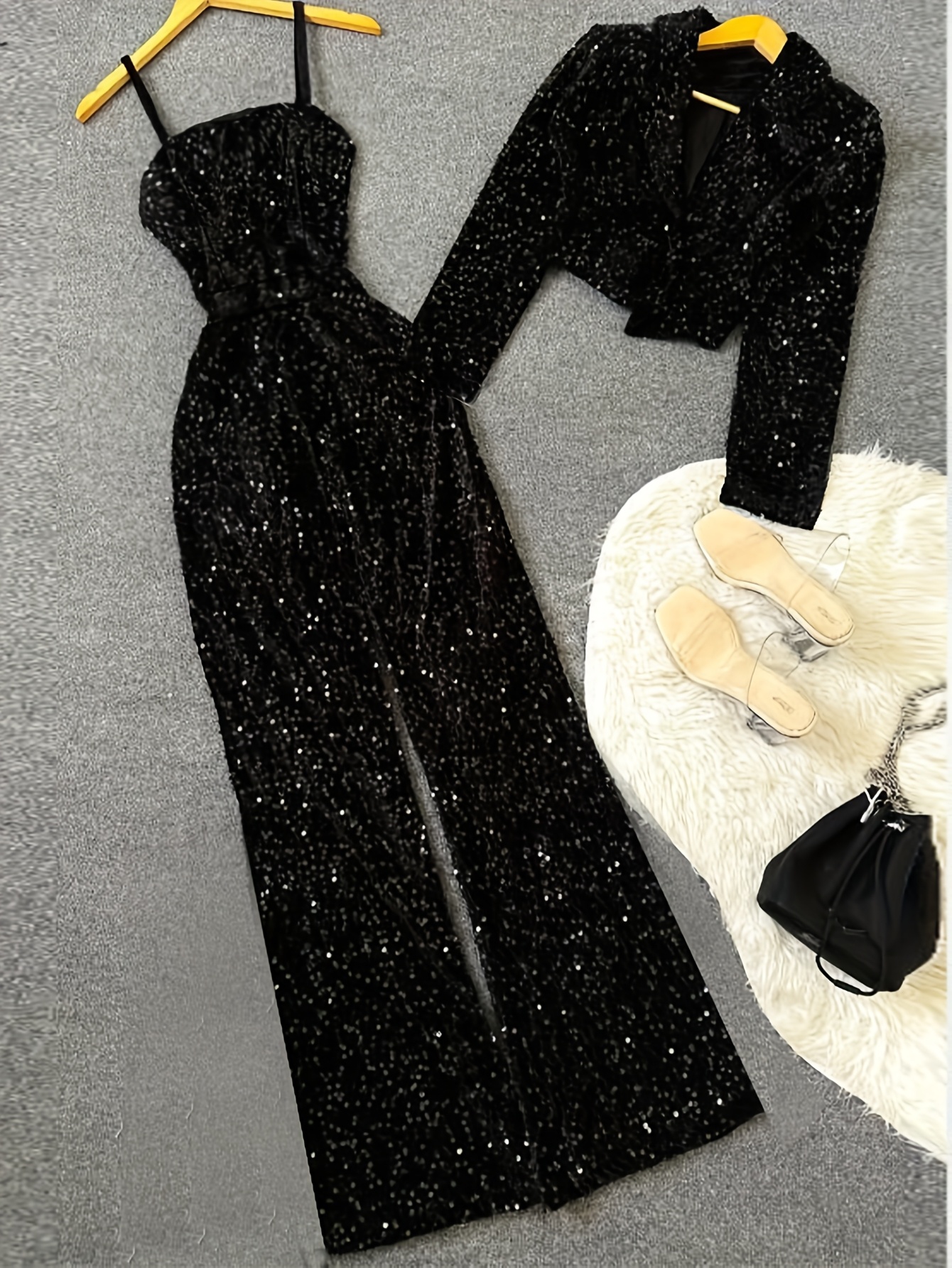 womens pants suit autumn and winter sequins elegant classy   occasion banquet festival christmas evening date     high quality design spaghetti strap jumpsuit long sleeve short jacket womens 2pcs suit