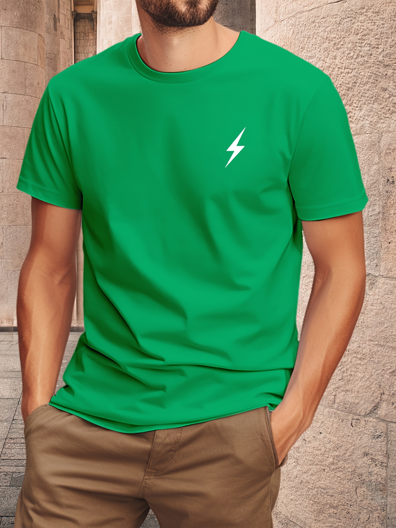 Men'S Lightning Bolt Graphic Print T-Shirt - Cotton Short Sleeve Tee, Green with Black Lightning Bolt Design, Casual Crew Neck, Regular Fit for Casual Attire, Everyday Tshirt | Graphic Tee | Cotton Shir