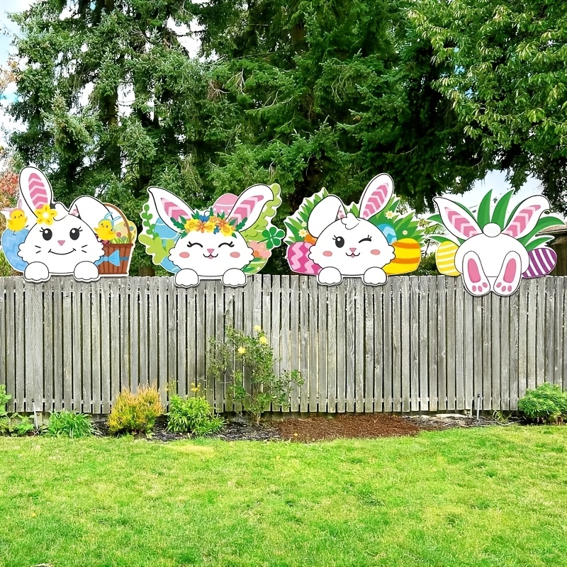 

Easter : 4pcs Yard Sign Set With Peeking Rabbit & Eggs - Plastic, Wall-mounted Outdoor Garden Fence Decorations, Diy, Chicken Eggs