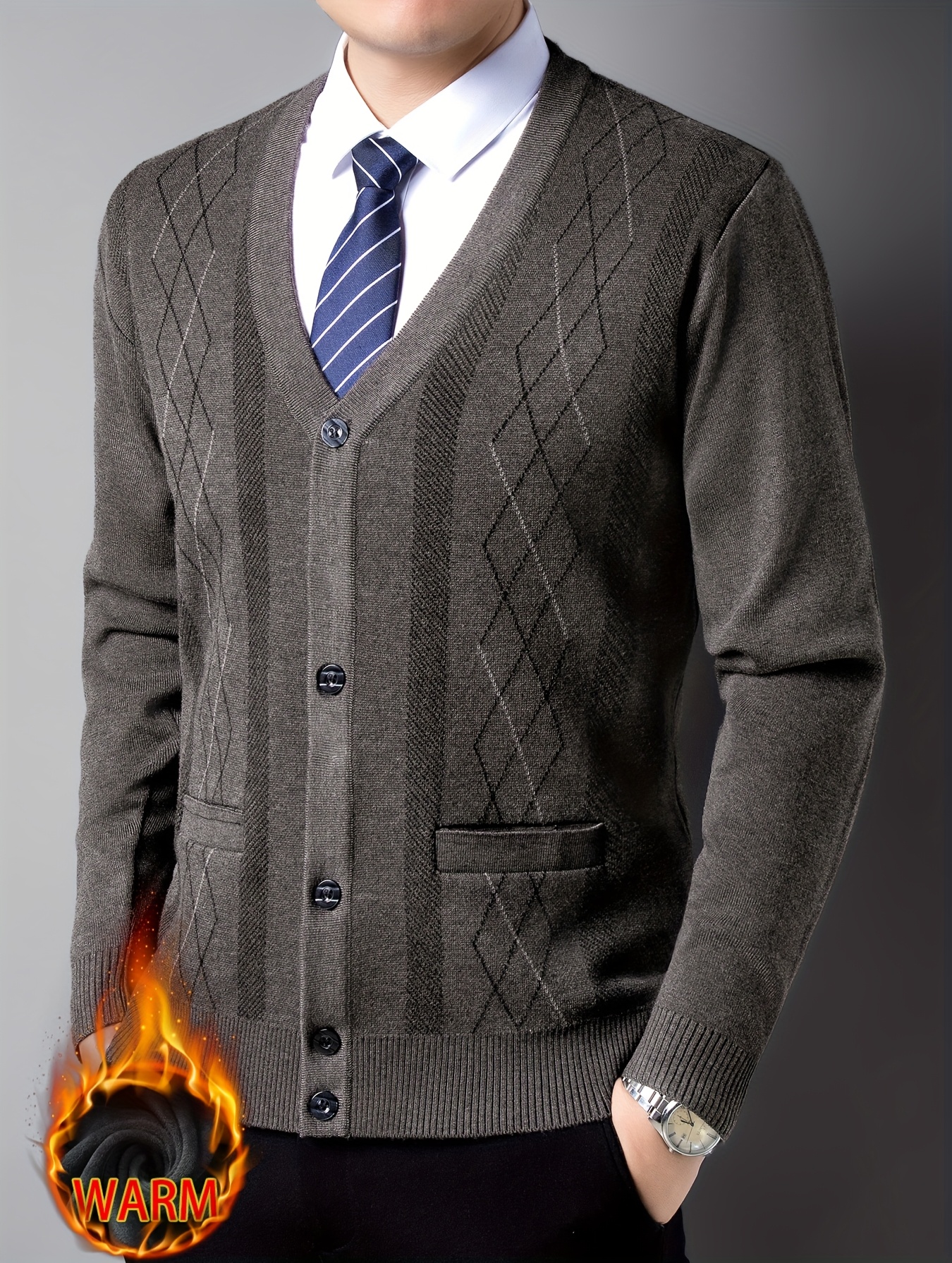 Men'S Autumn Winter Jacket Winter Sweater Fleece Thick V-Neck Diamond Pattern Cardigan Button-Up Sweater, Men'S Gift, Suitable for Outdoor Travel, Hiking, Daily Leisure, Commuting Office Wear