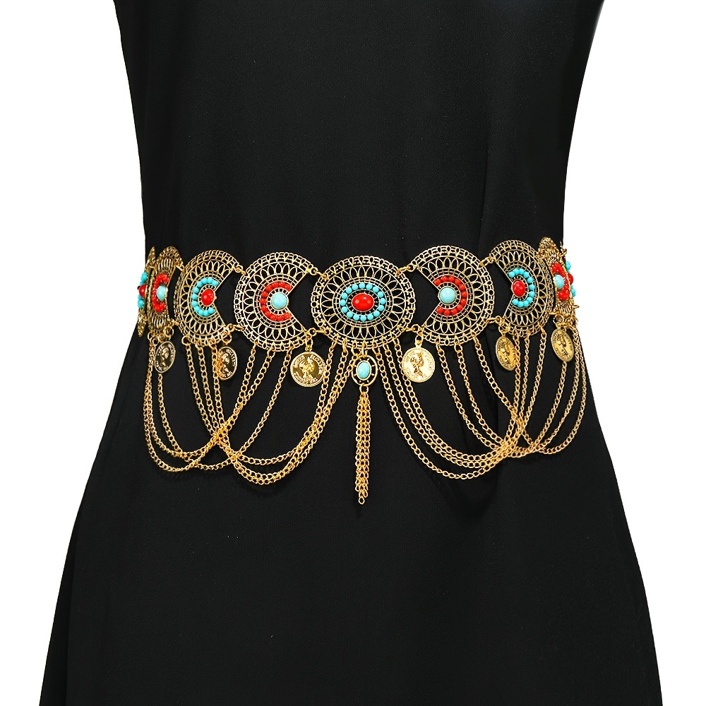 Image of Boho-chic Vintage Round Hollow Waist Belt With Colorful Rhinestones - Alloy, Women' Wear & Special Occasions