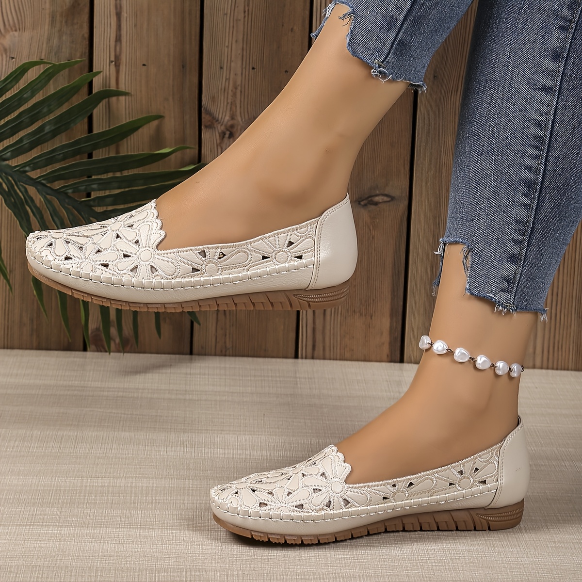 womens fashionable cut out slip on flats lightweight comfortable   shoes with decorative lace design white and beige   casual attire casual footwear   flat synthetic upper comfortable shoes
