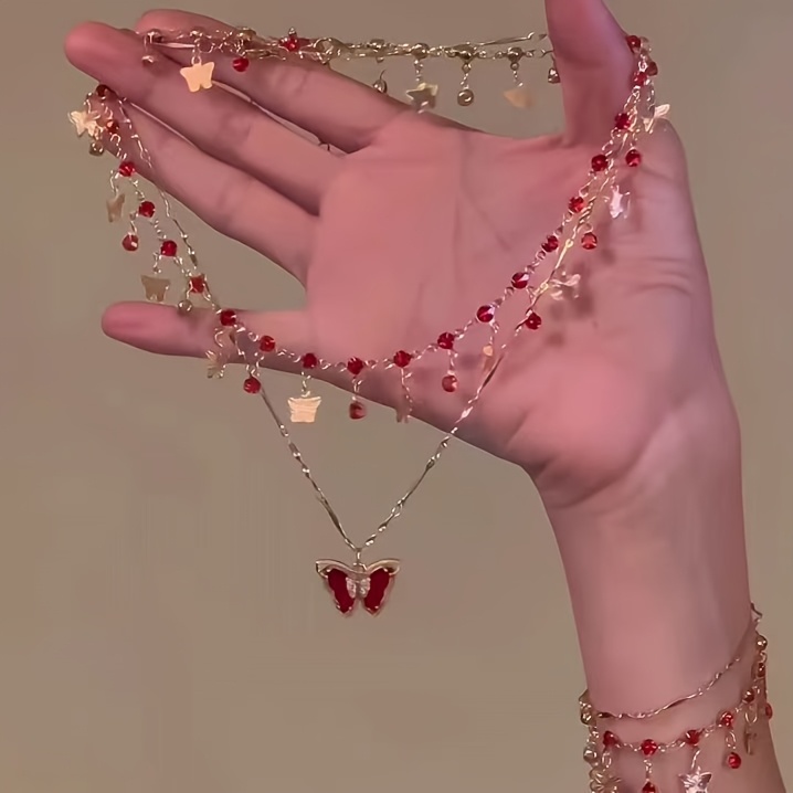 1 Juego de Collar y Pulsera de Mariposa de Capas con Encanto Elegante, Estilo Sexy, Adornos de Diamantes de Imitación, Aleación de Zinc, con Plata, para Uso Diario y Regalos Especiales.