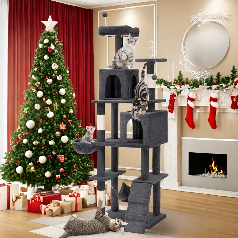 

Gardnfun 64. 5" Tall Multi-level Pet Furniture, Christmas , Stable House With Sisal Scratching Post, Large Condo, Climbing Ladder, Plush Toy For Kitten