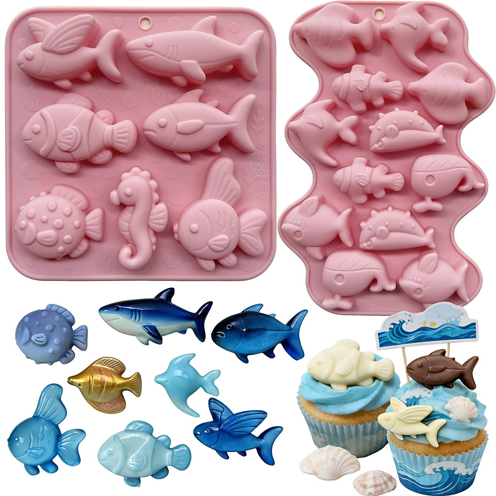 TEMU 2pcs Ocean Sea Animal Silicone Molds, Chocolate Molds Fish Candy Molds, Food Grade Baking Molds For Kids, Under The Sea Party Favors, Cake