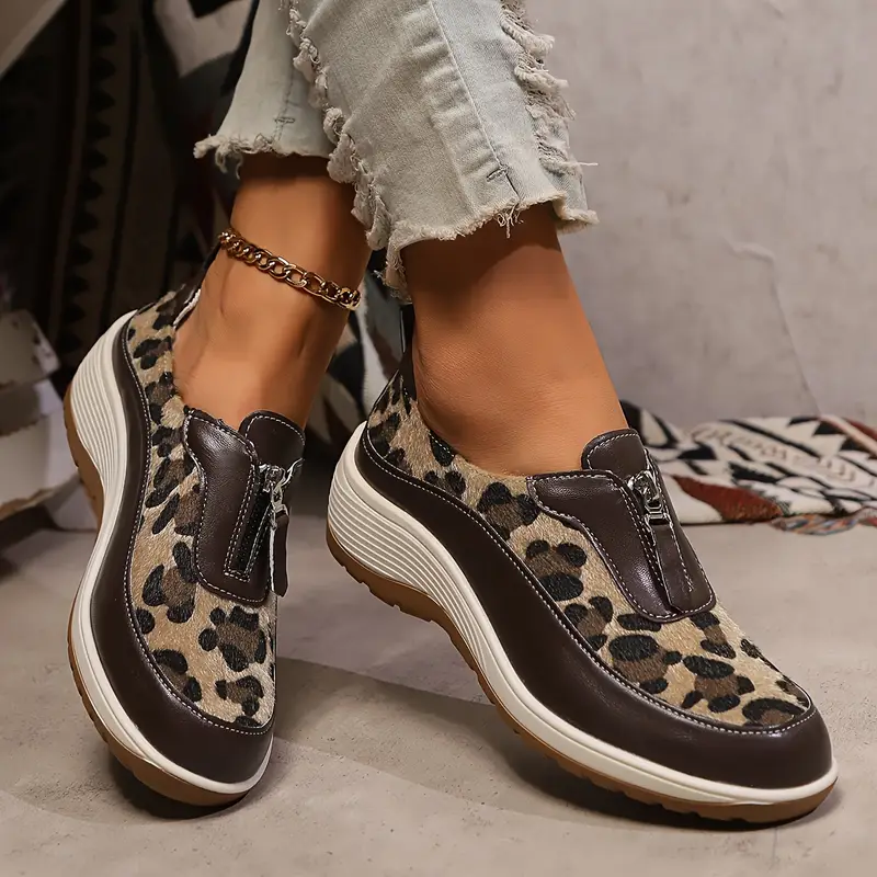womens leopard print fashion sneakers with zipper closure low top casual athletic shoes with mesh and pu sole hand washable manufactured details 2