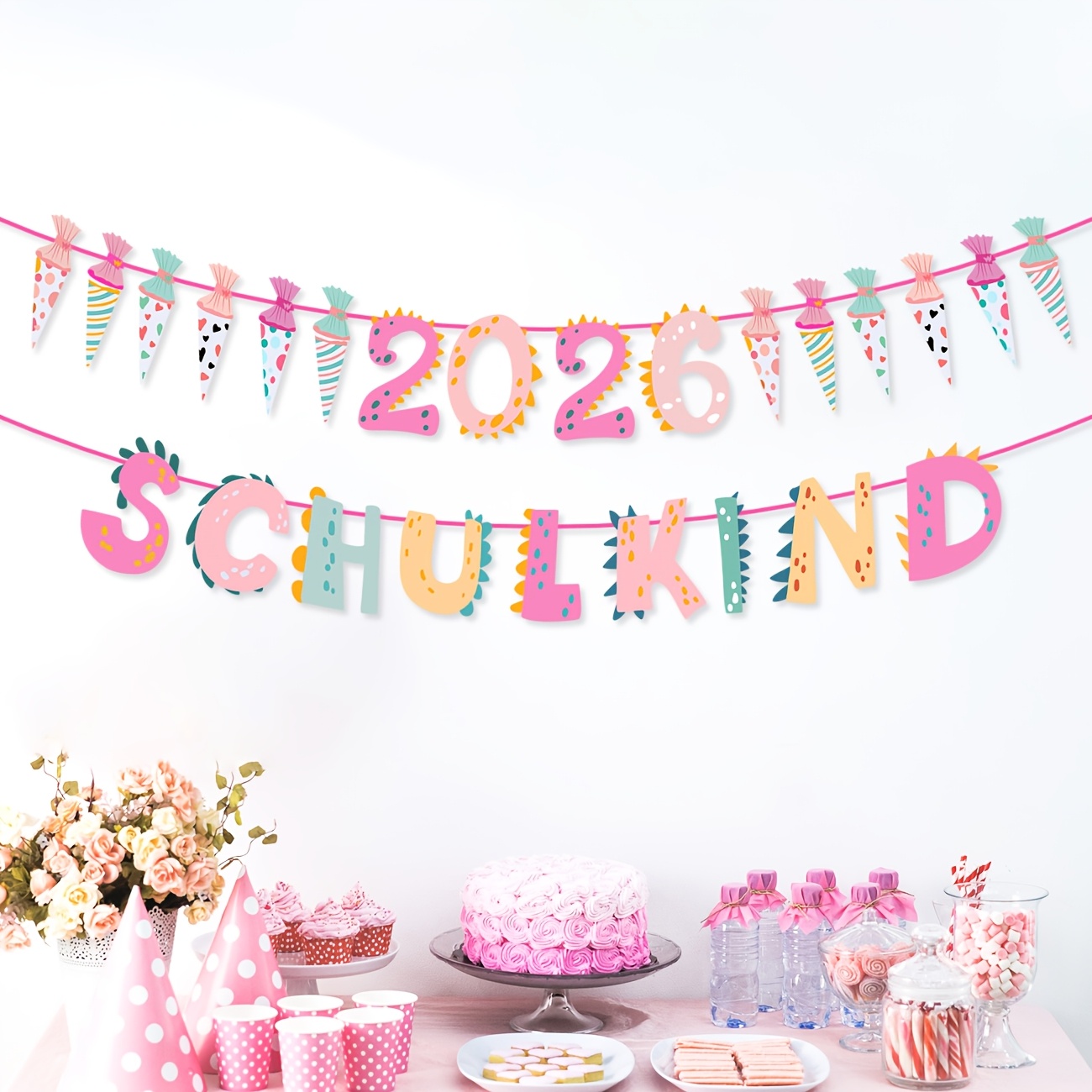 Image of 2026 School Girl Decorative Pink School Garland Sugar Bags Garland, First Day Of School Decor, Mermaid-themed Decor Set For Girls, Schulkind Party Banner