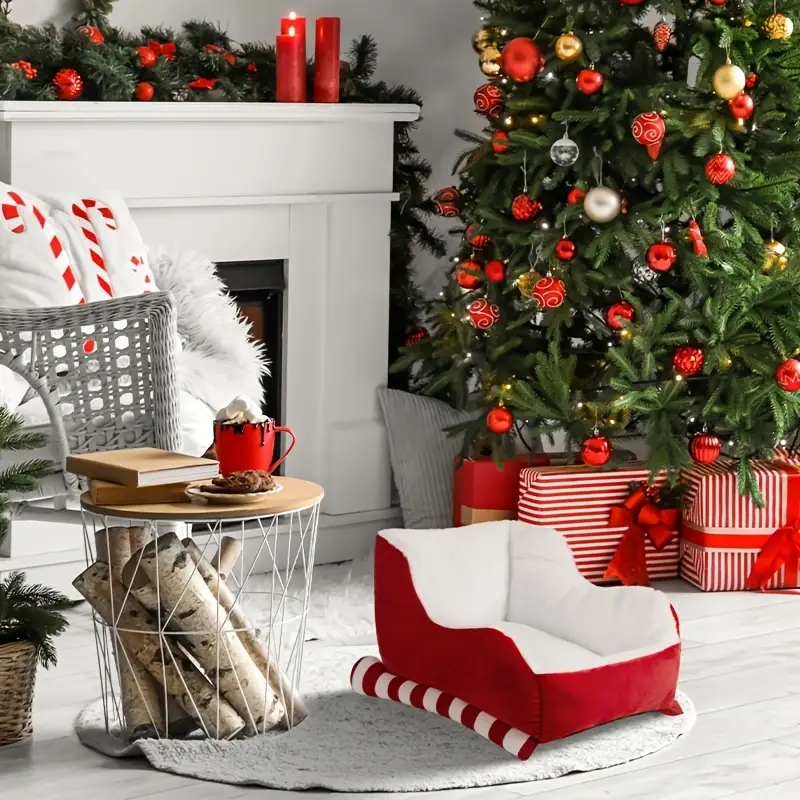 cozy christmas sleigh pet bed red fur soft indoor outdoor bed breathable washable durable holiday gift for for fireplace snuggling christmas pet accessory sleigh plush pet bed Product details 4