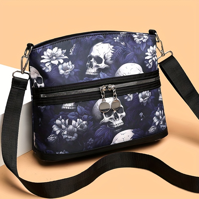 

Gothic Floral Skull Crossbody Bag For Women, Multiple Compartments, Nylon Printed Shoulder & Phone Purse With Adjustable Strap