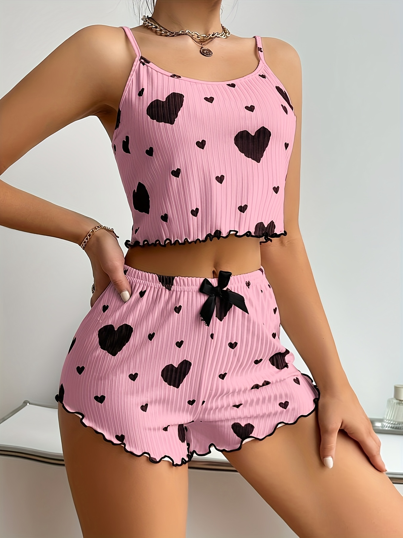 Tela de punto texturizado con estiramiento sexy corto camisón de impresión y pantalones cortos, un conjunto de dos piezas con una gran impresión de corazón multicolor, perfecto para ropa de dormir y ropa de estar en casa para mujeres. - Imagen 4