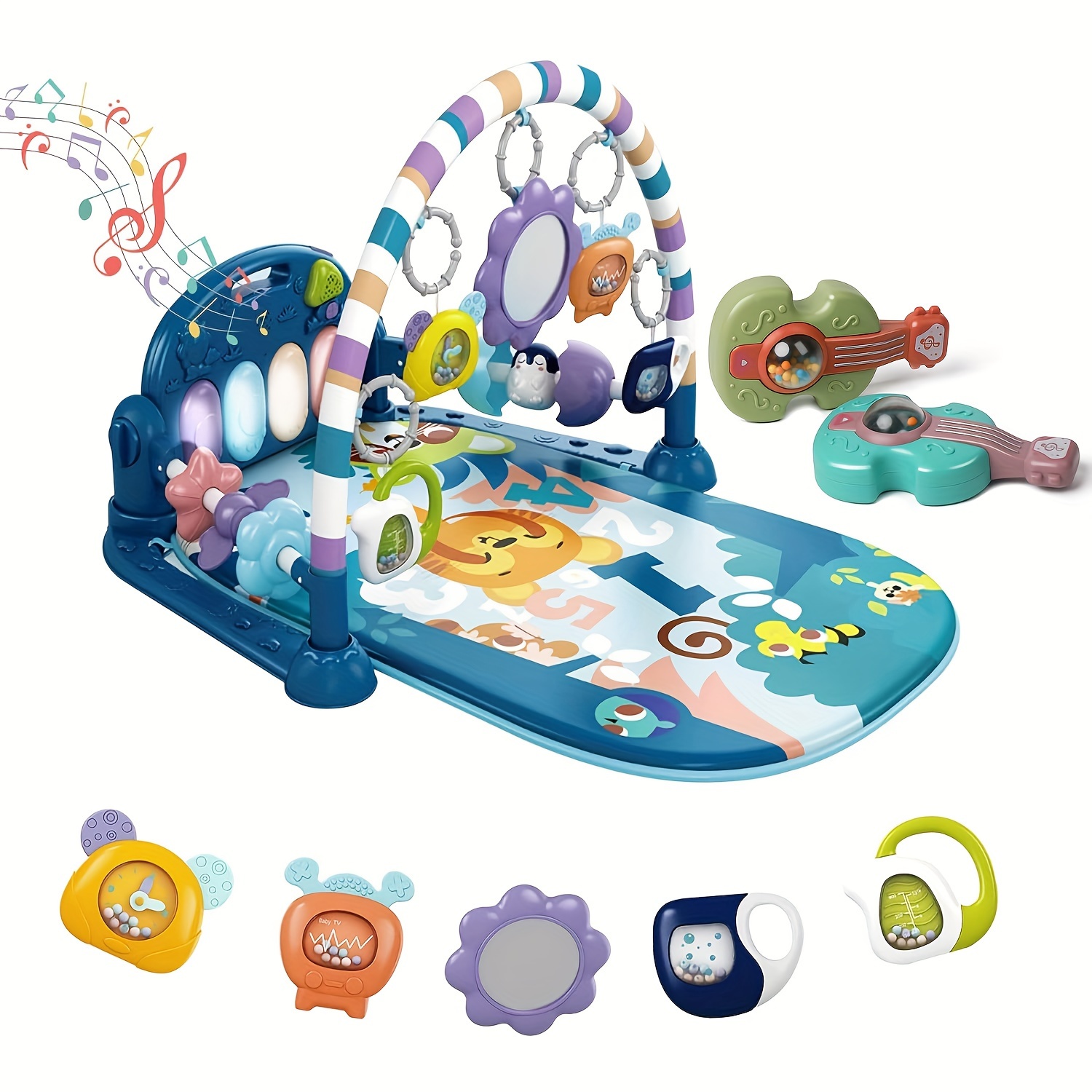 

Mat Gym, Time Activity Mat 5 Infant & 2 Guitar Rattles, For 0 To 3 6 9 12 Months