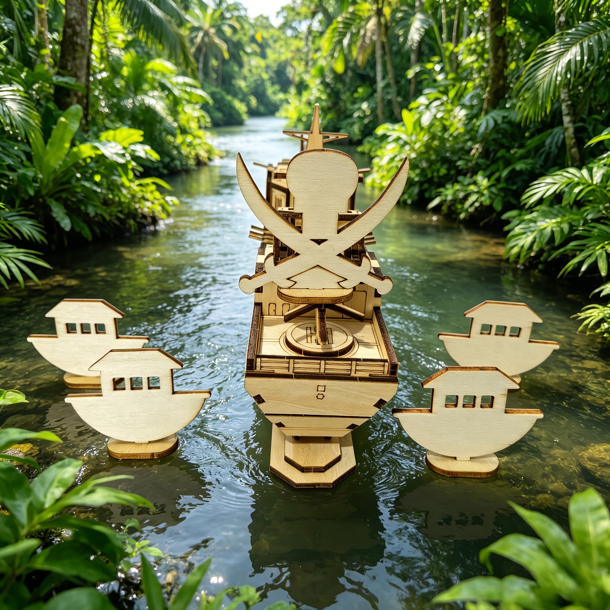 3D Wooden Ship Puzzle Assembly Set, Featuring Boat and Pirate Skull Figurines