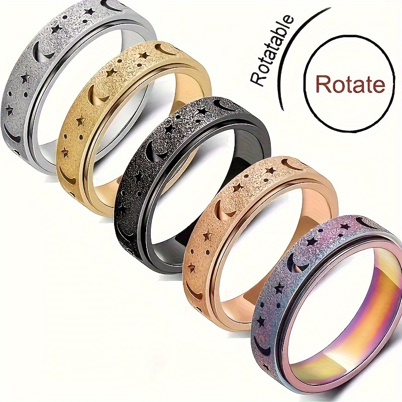 

5 Pieces/set Of New Creative Stainless Steel Rotatable Rings, Fashionable Moon And Star Design Rings, Multiple Colors To Choose From, Paired With Daily Clothing