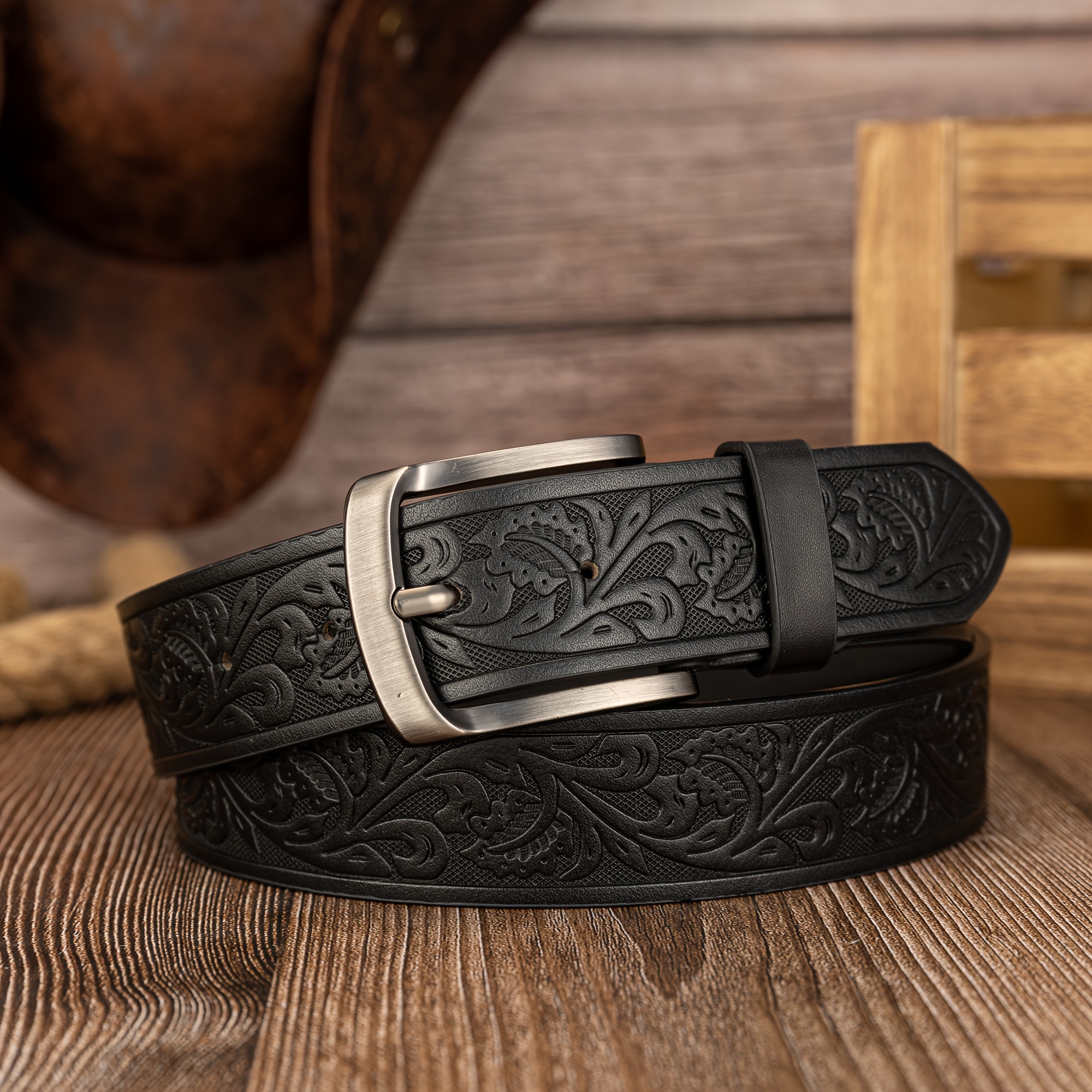 TEMU Retro Easy Leaf Branch Pu Embossed Faux Leather Men's Belt