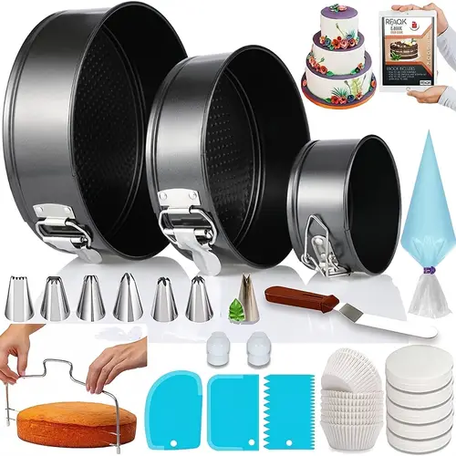 100pcs cake pan sets for baking cake decorating kit with 3 nonstick springform pans 4 7 9 inch piping tips cake leveler multifunctional cheesecake pan baking supplies gift ebook father gift