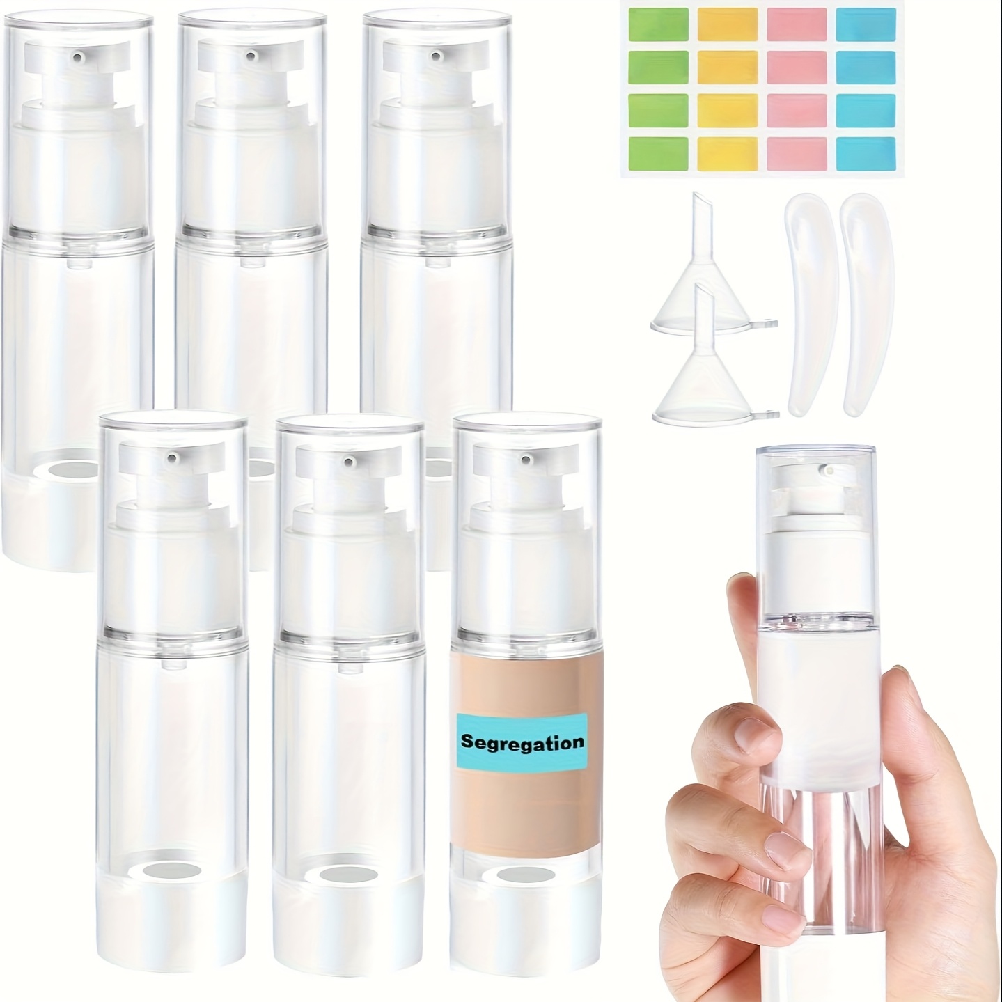 TEMU 30ml Airless Pump Bottles (set Of 6) - Reusable Skincare Jars For Travel, Leakproof Cream Containers And Labels