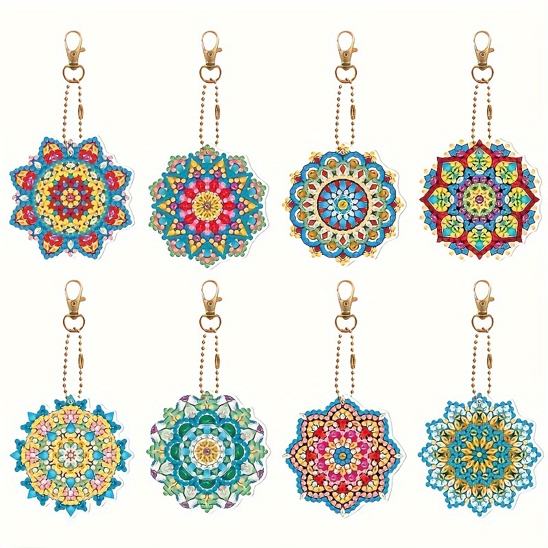 

8-piece Set Of Artificial Diamond Art Painting Keychains, 5d Mandala Diy Crafts, Handcrafted Double-sided Diamond Art Painting Bags, Pendants