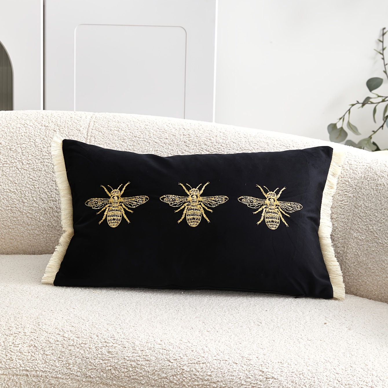 TEMU 1 Housse de coussin en velours brodé Abeille Dorée Vintage | Style Bohème, Lavable en Machine, Fermeture Éclair, Housses de coussin décoratives