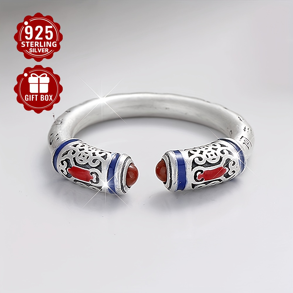 S925 Silver Retro Red Agate Heart Sutra Open Ring