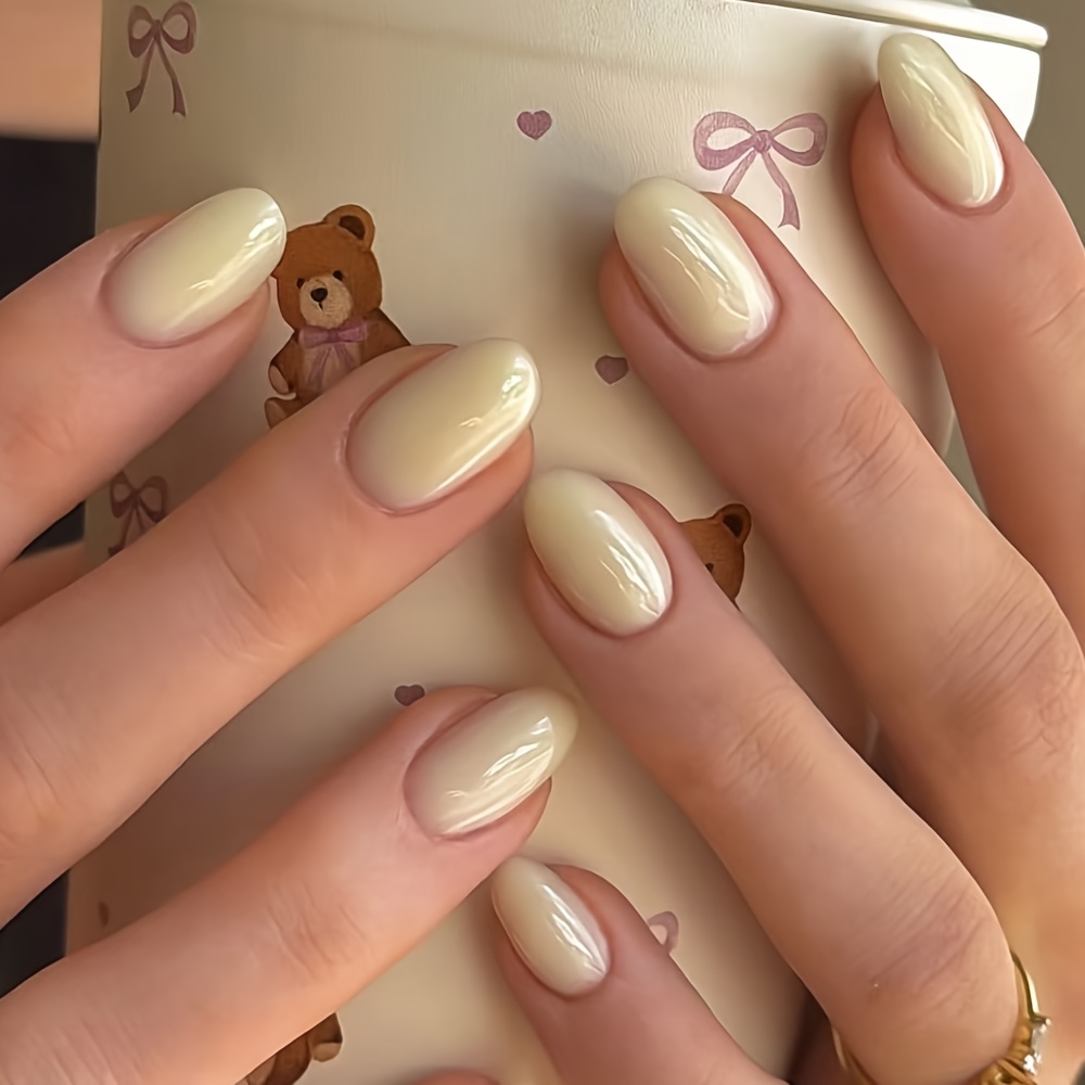TEMU 30pcs Creamy Short Oval Ombre Pearlescent Press-on Nail Tips, Solid Color Gradient Minimalist Style, Versatile For Daily Wear. Diy Manicure