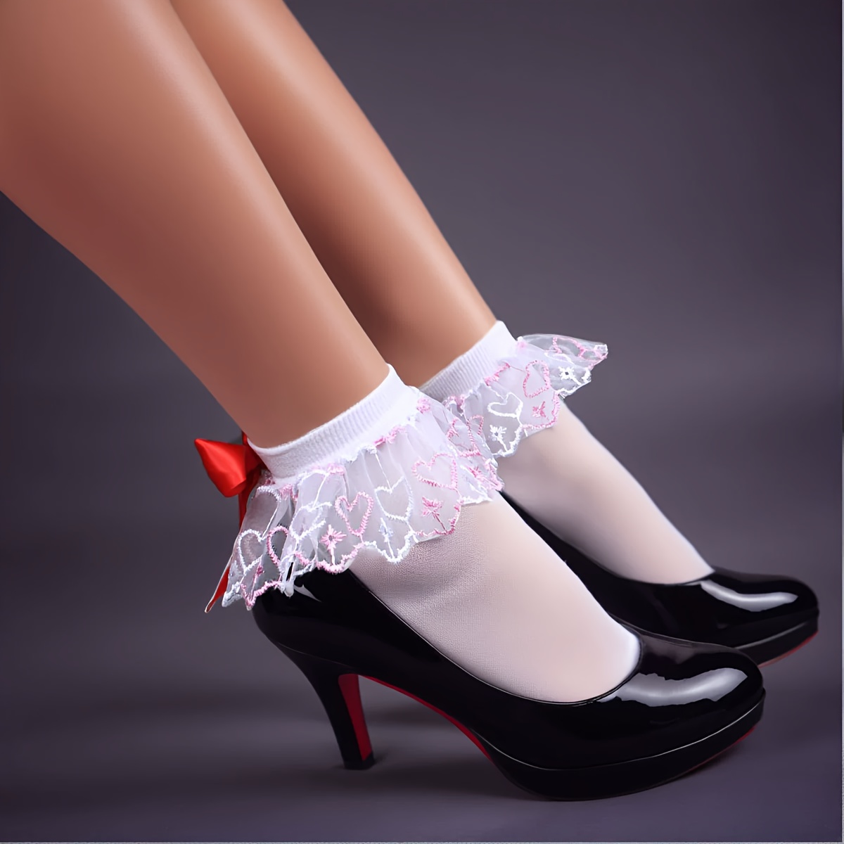 pair womens white red lace ankle socks edges bow Temu Mauritius