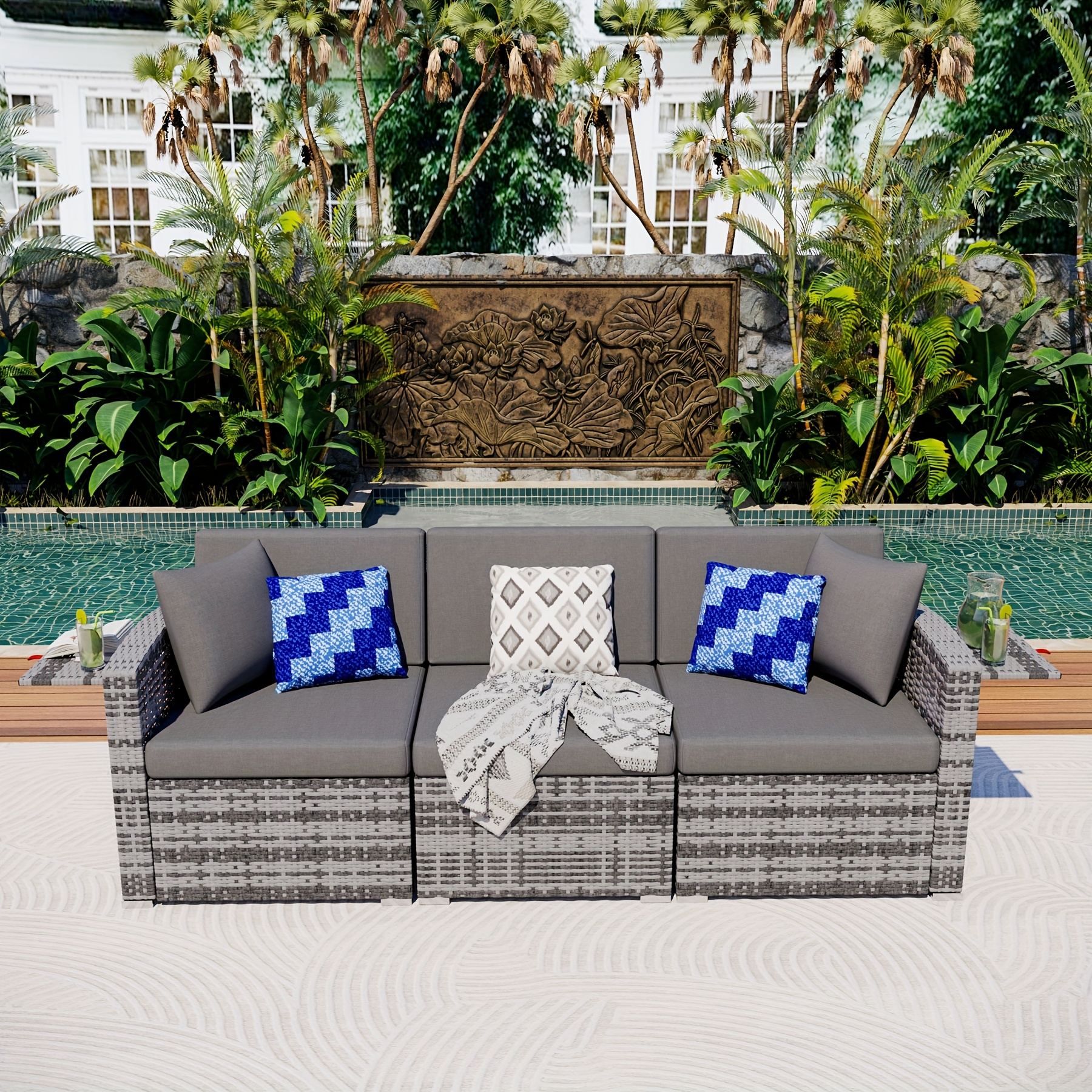 [Patio Furniture Set] 3pcs PE Rattan Patio Furniture Set | All-weather Wicker Modular Couch With Cushions, Outdoor Conversation Set For Porch Backyard Garden