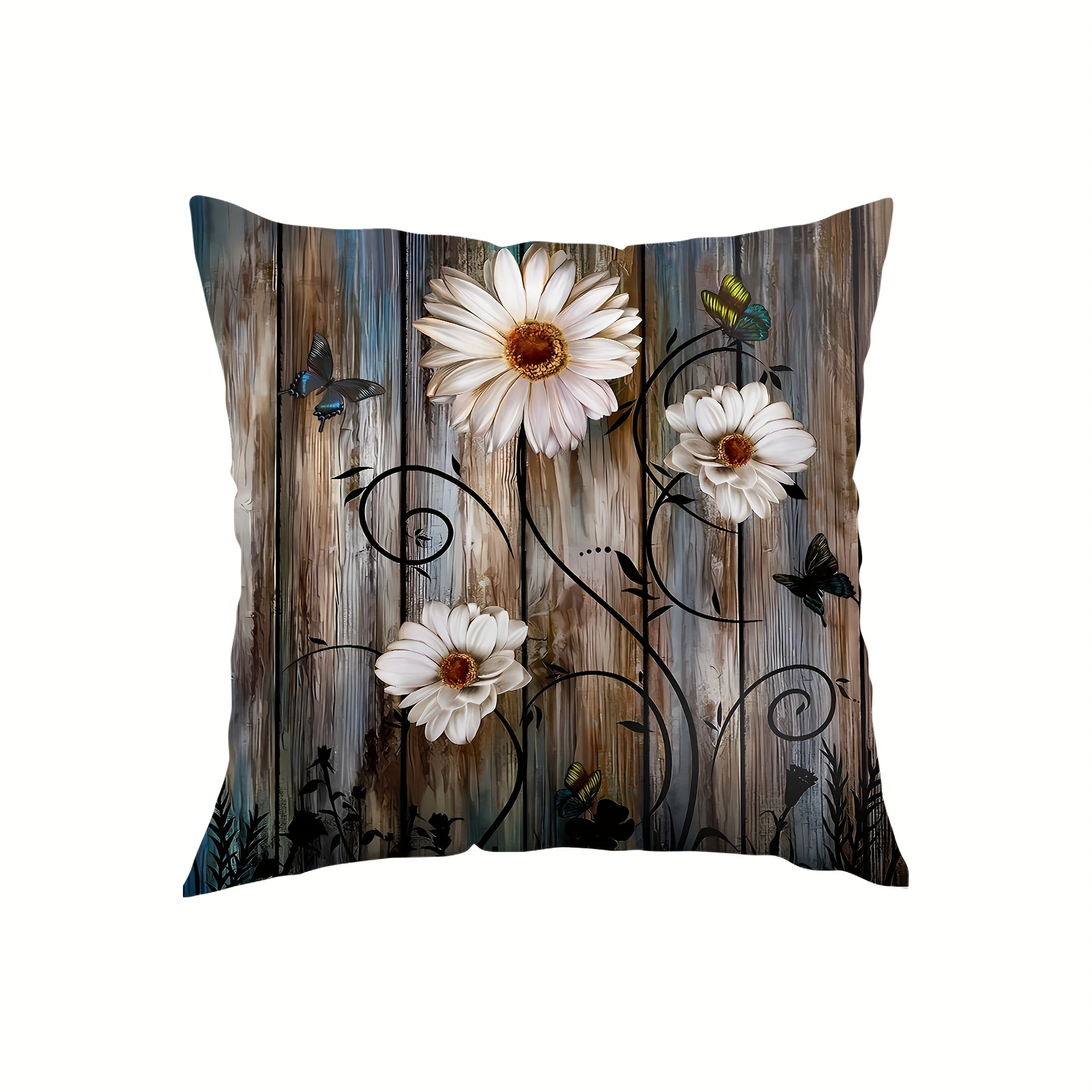 

1pc Contemporary Style White Daisy Vintage Wood Board Design Plush Throw Pillow Cover, Zippered Single-sided Print, Sofa & Bedroom Home Decor, 18x18 Inches, Cushion Cover Only