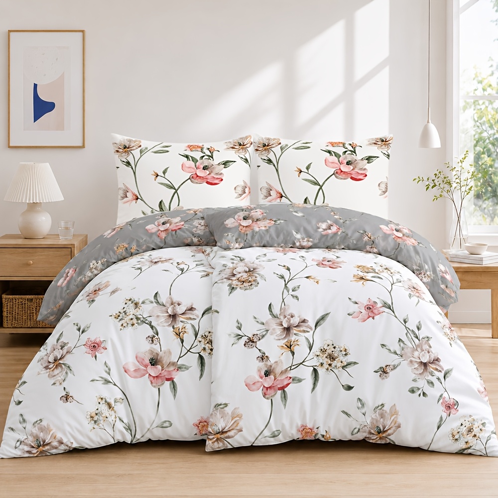 Image of 4pcs Double-sided Reversible Floral Duvet Cover Set With Zipper 135x200 155x220 Bedding With 80x80 Pillowcases Soft Breathable For Couples Bed Sheets Set For Bedroom German Size Bed Sheet Duvet Cover