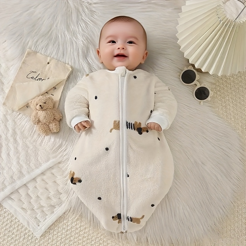 Image of Baptism Gifts And Robes Baby Polka Dot Puppy Long-sleeved Flannel Fleece Zipper Concealed Zipper Autumn And Winter Warm Anti-kick Soft And Comfortable
